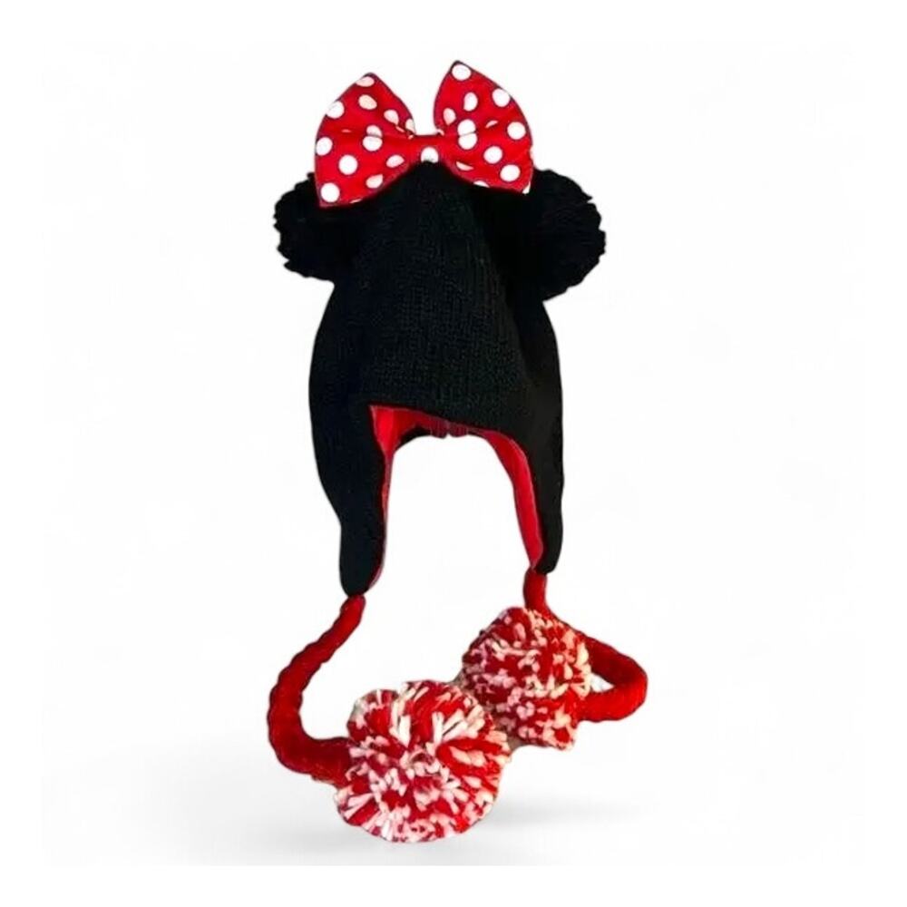 Disney Minnie Mouse Beanie Hat Black Knit Polka Dot Bow Earflap Pom Pom Winter